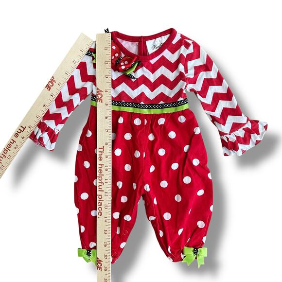 Rare Editions Red Chevron & Polka Dot Ruffle Baby Romper 12–18M Holiday Outfit - Picture 4 of 8